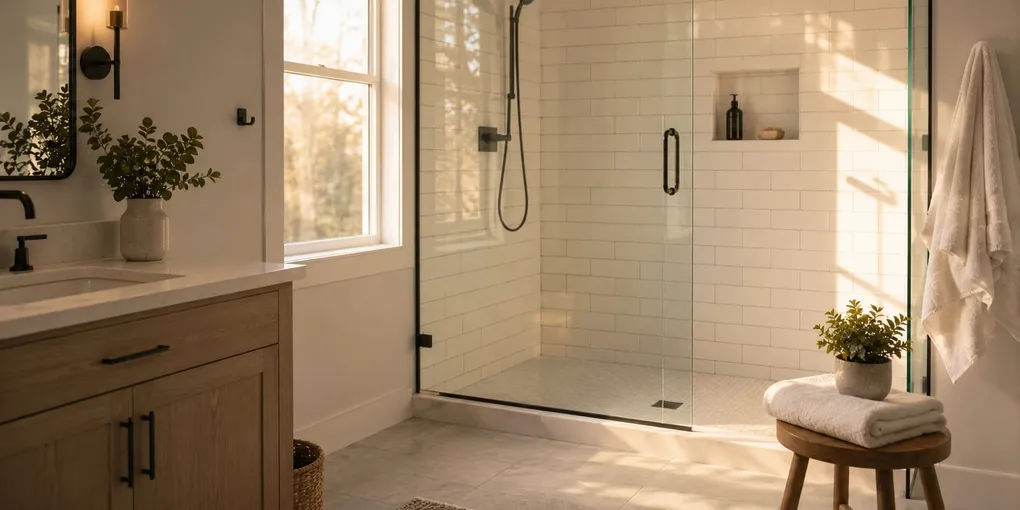 Modern walk-in shower with frameless glass replacing an old bathtub
