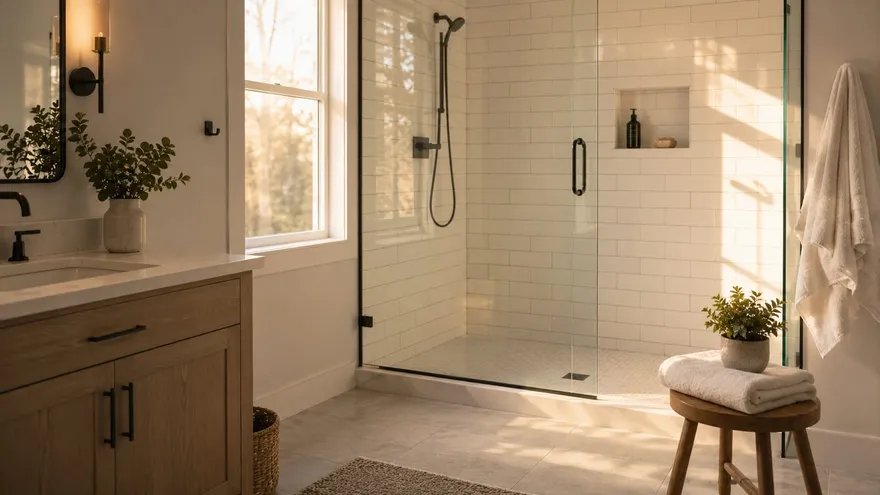 Modern walk-in shower with frameless glass replacing an old bathtub