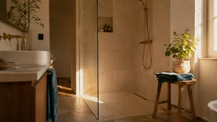 Bagno moderno con piatto doccia a filo pavimento e box in vetro