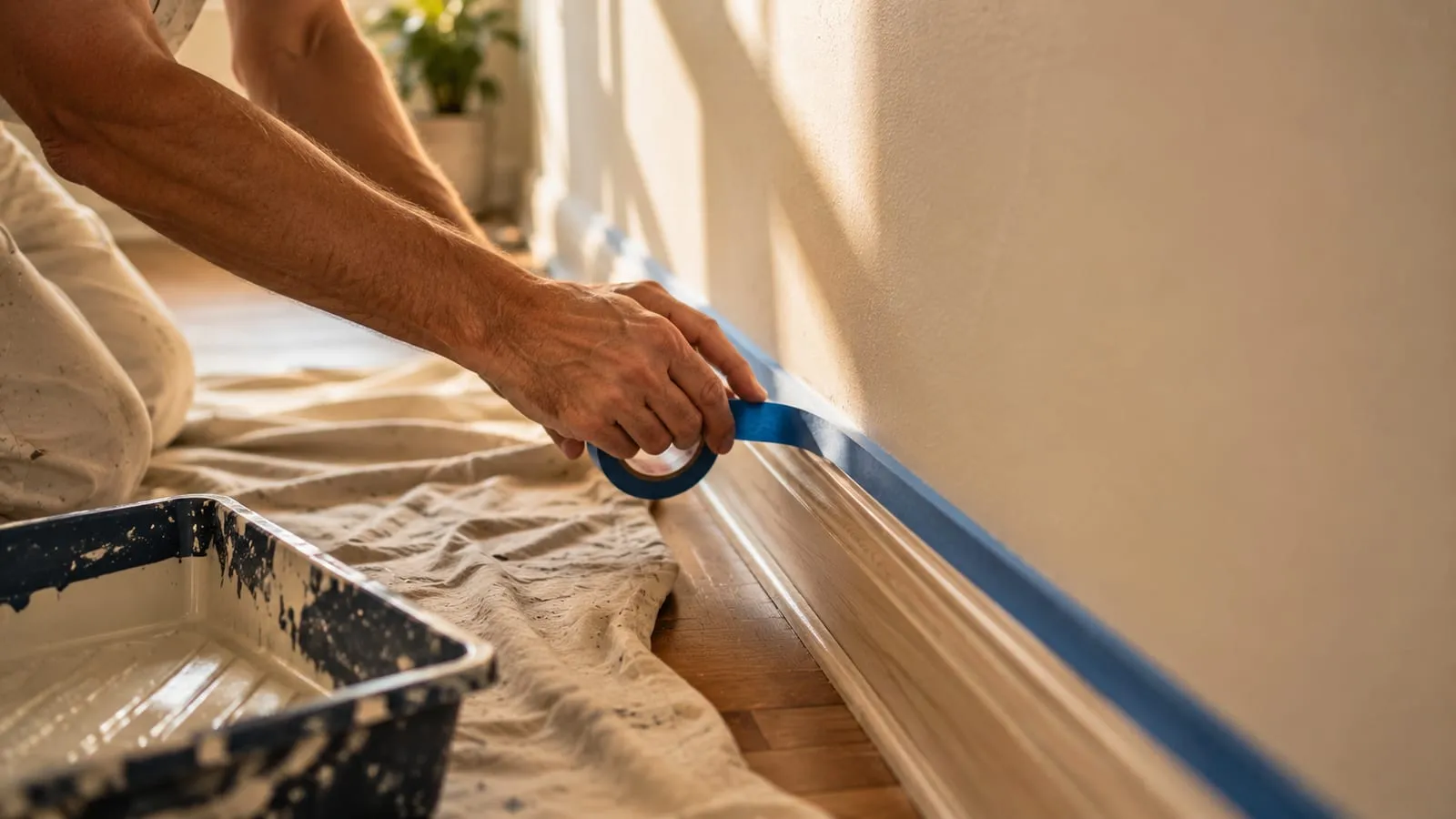 Hands applying painter’s tape to the baseboard before painting