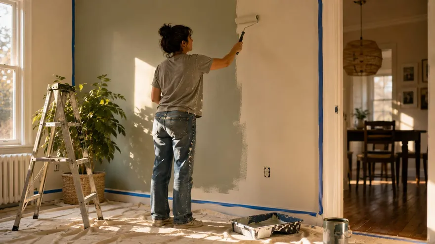Person painting a wall with a roller in a bright room