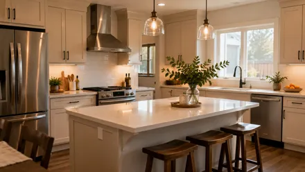 Modern remodeled kitchen with new cabinets and an island