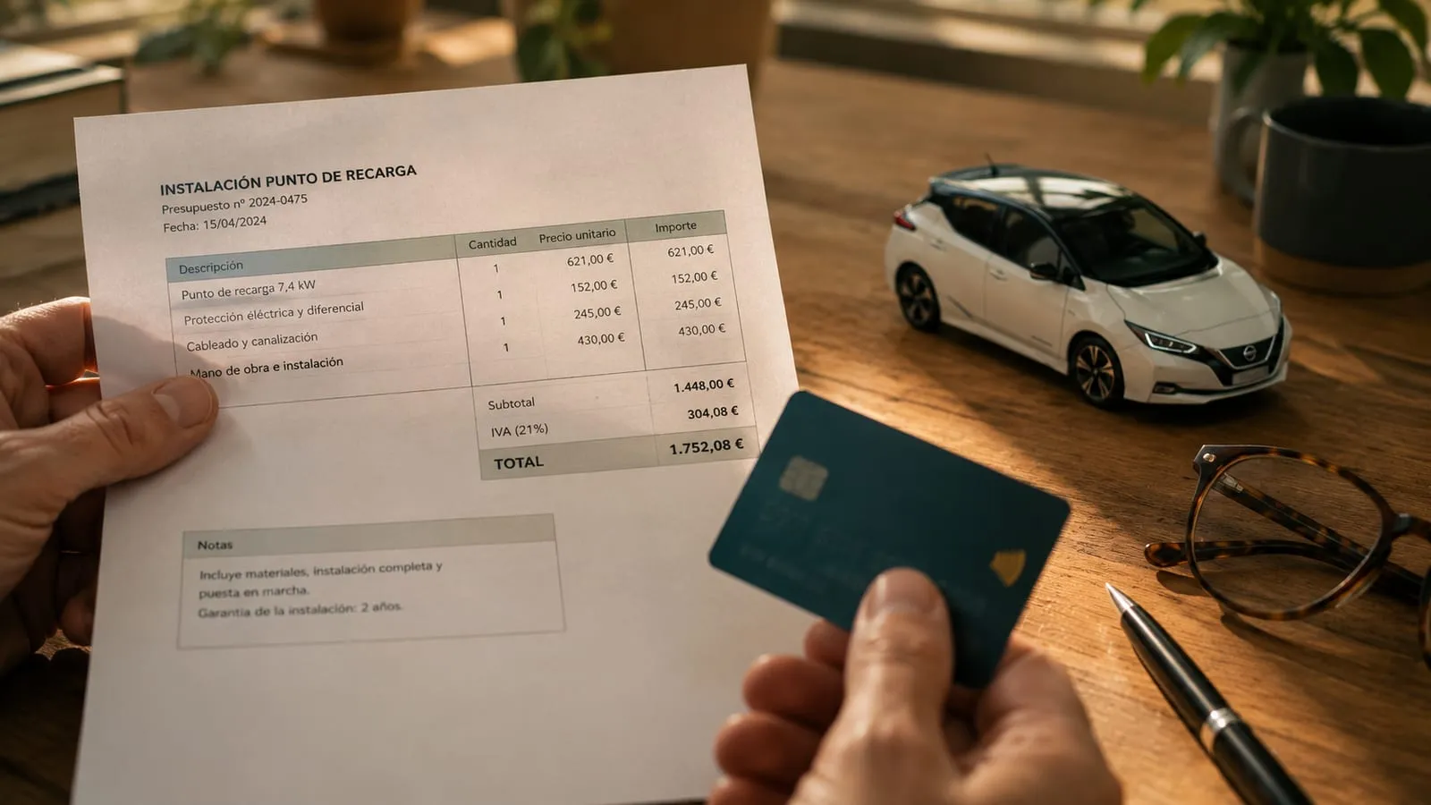 Hands holding a printed installation invoice beside a credit card and a small model electric car
