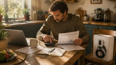 Person at a kitchen table comparing figures on a laptop and calculator beside an unopened charger box