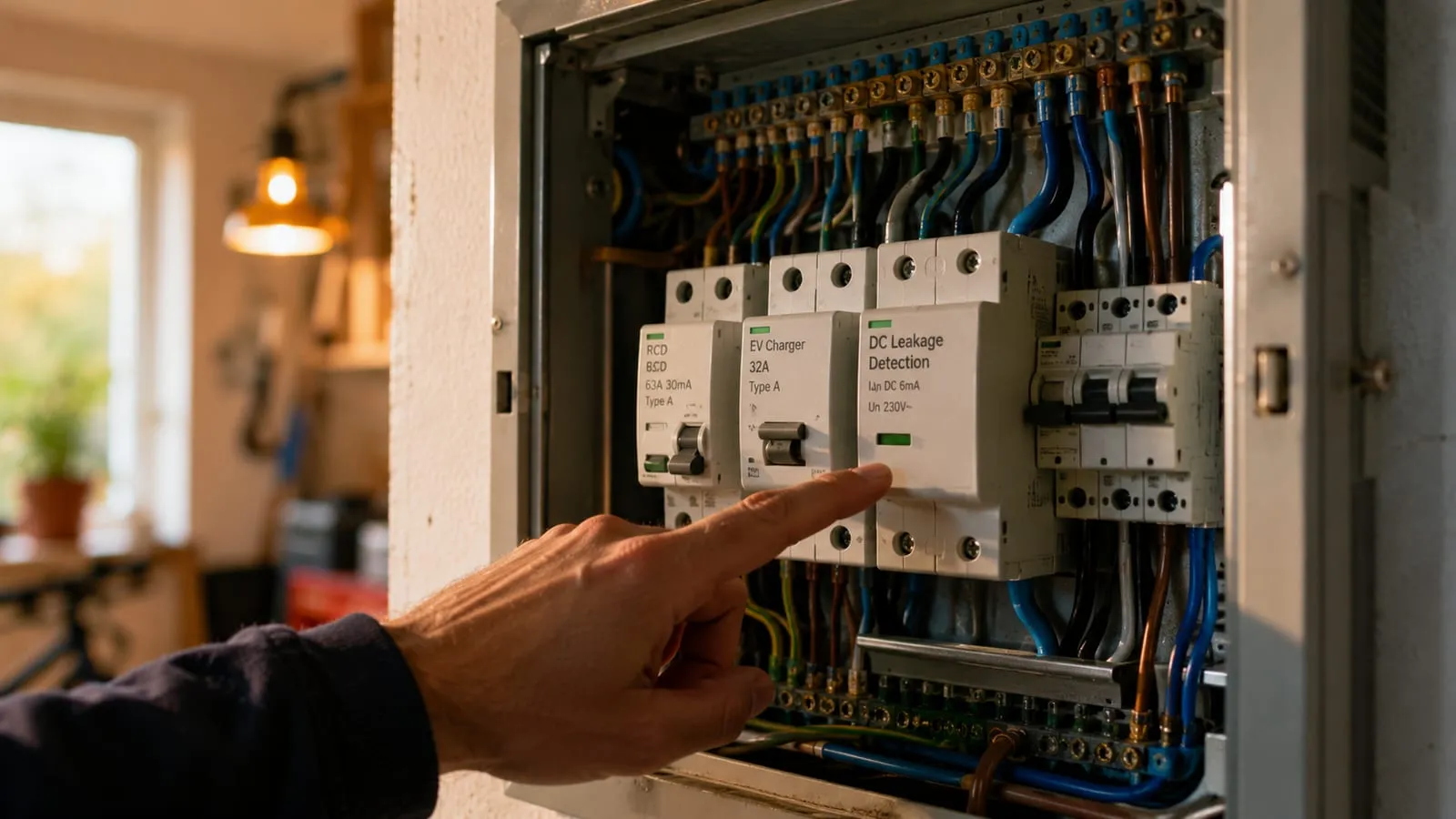 Technician pointing at the fault-detection module in a garage panel with the charger breaker