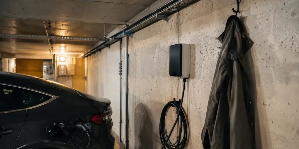 Compact charger on the concrete wall of a shared underground garage beside a parked electric car