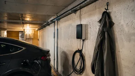 Compact charger on the concrete wall of a shared underground garage beside a parked electric car