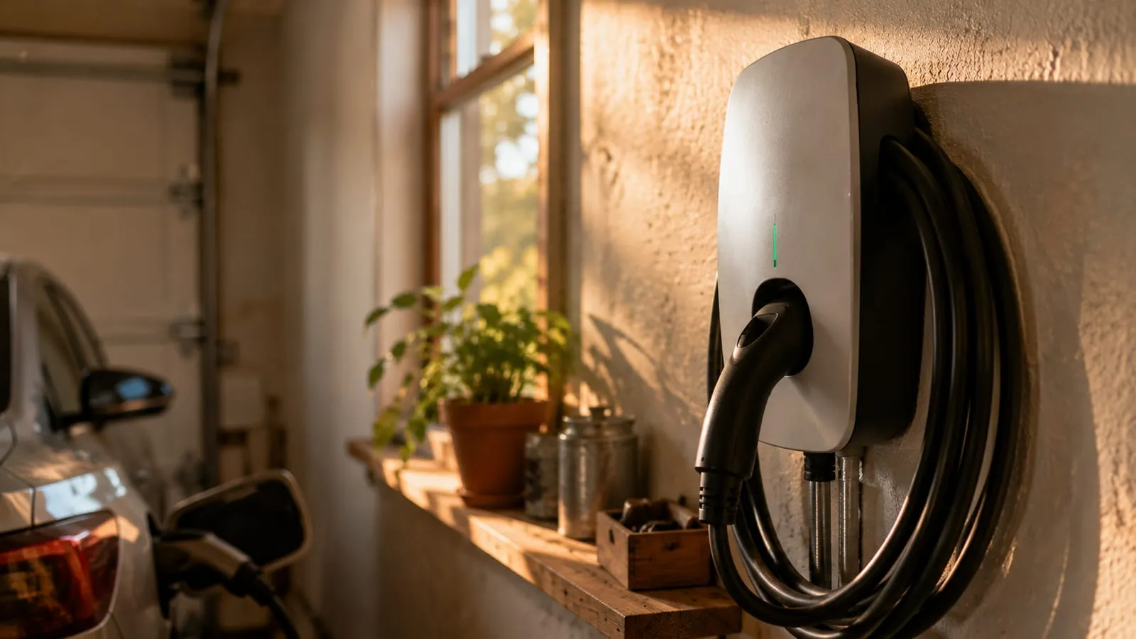 Close-up of a wall charger with its type 2 cable neatly coiled in warm afternoon light