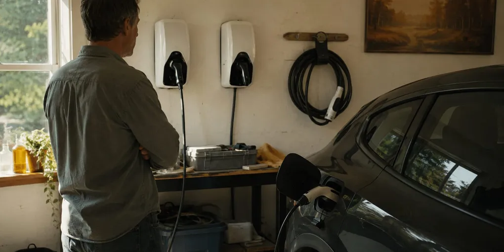 Person in a garage weighing up two wall-mounted chargers with an electric car parked nearby