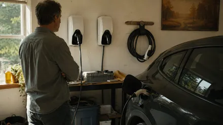 Person in a garage weighing up two wall-mounted chargers with an electric car parked nearby