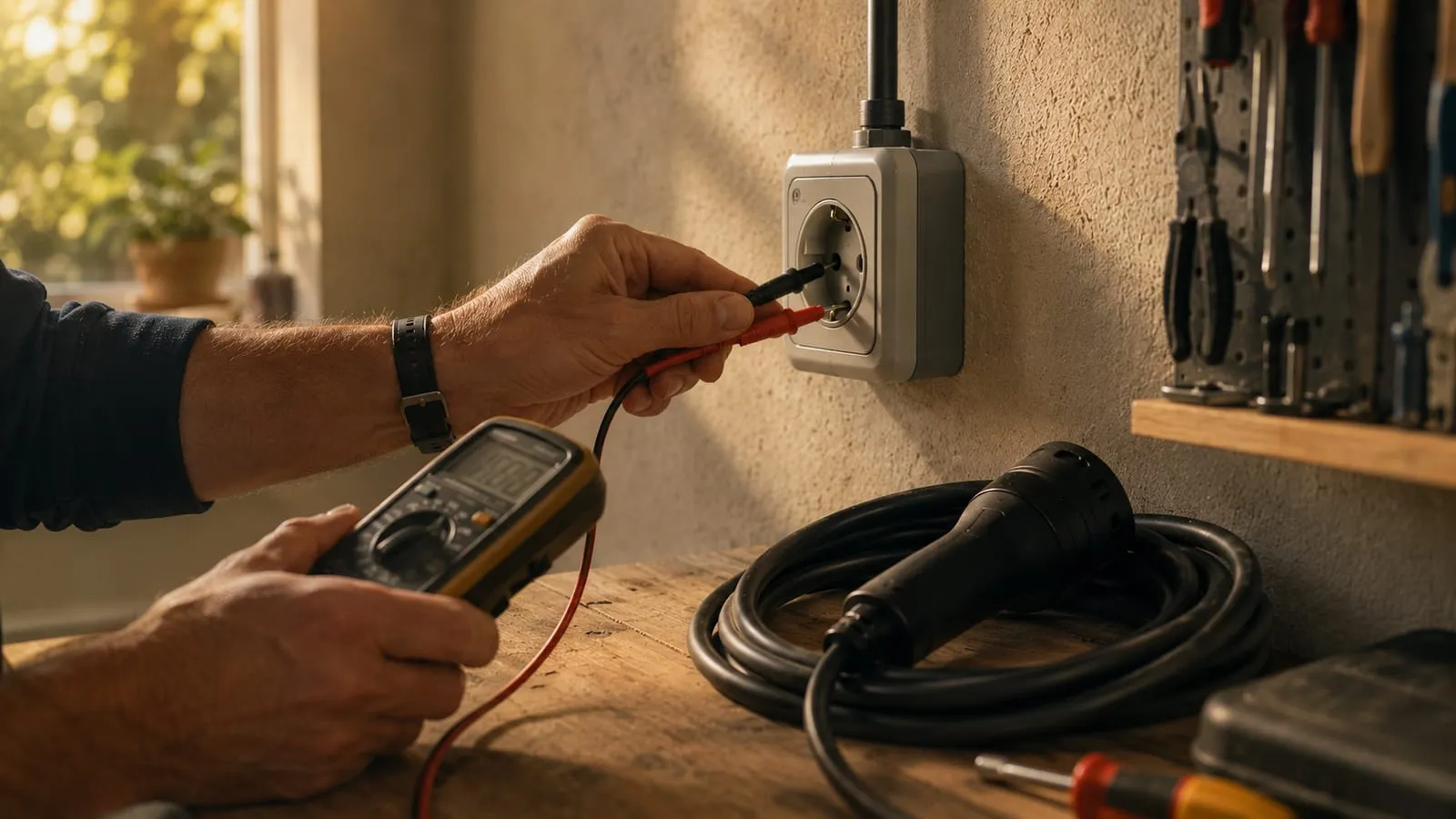 Electrician testing a 240V outlet with a multimeter next to a coiled charging cable