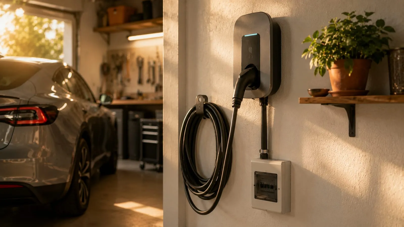 Close-up of a NEMA 14-50 outlet wired on its own dedicated circuit in a home garage