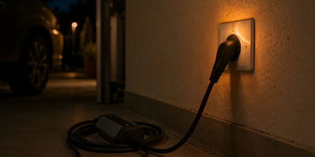 Heavy charging cable plugged into a household wall socket at night with a faint warm glow