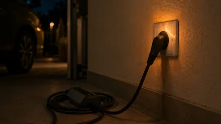 Heavy charging cable plugged into a household wall socket at night with a faint warm glow