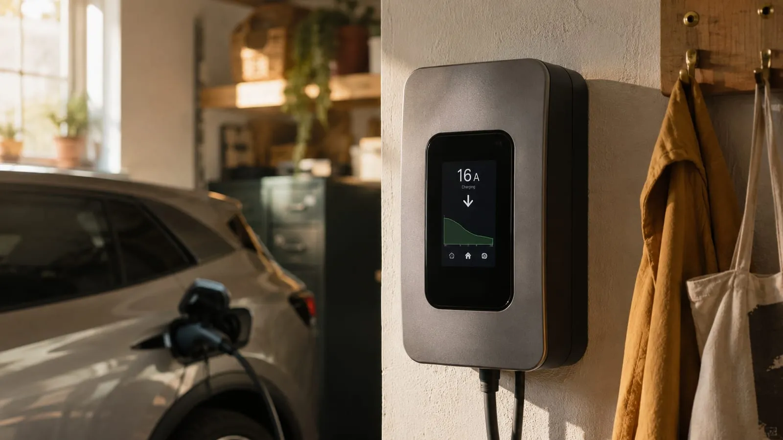 Smart charger screen showing the charging current easing down as a house consumption graph rises