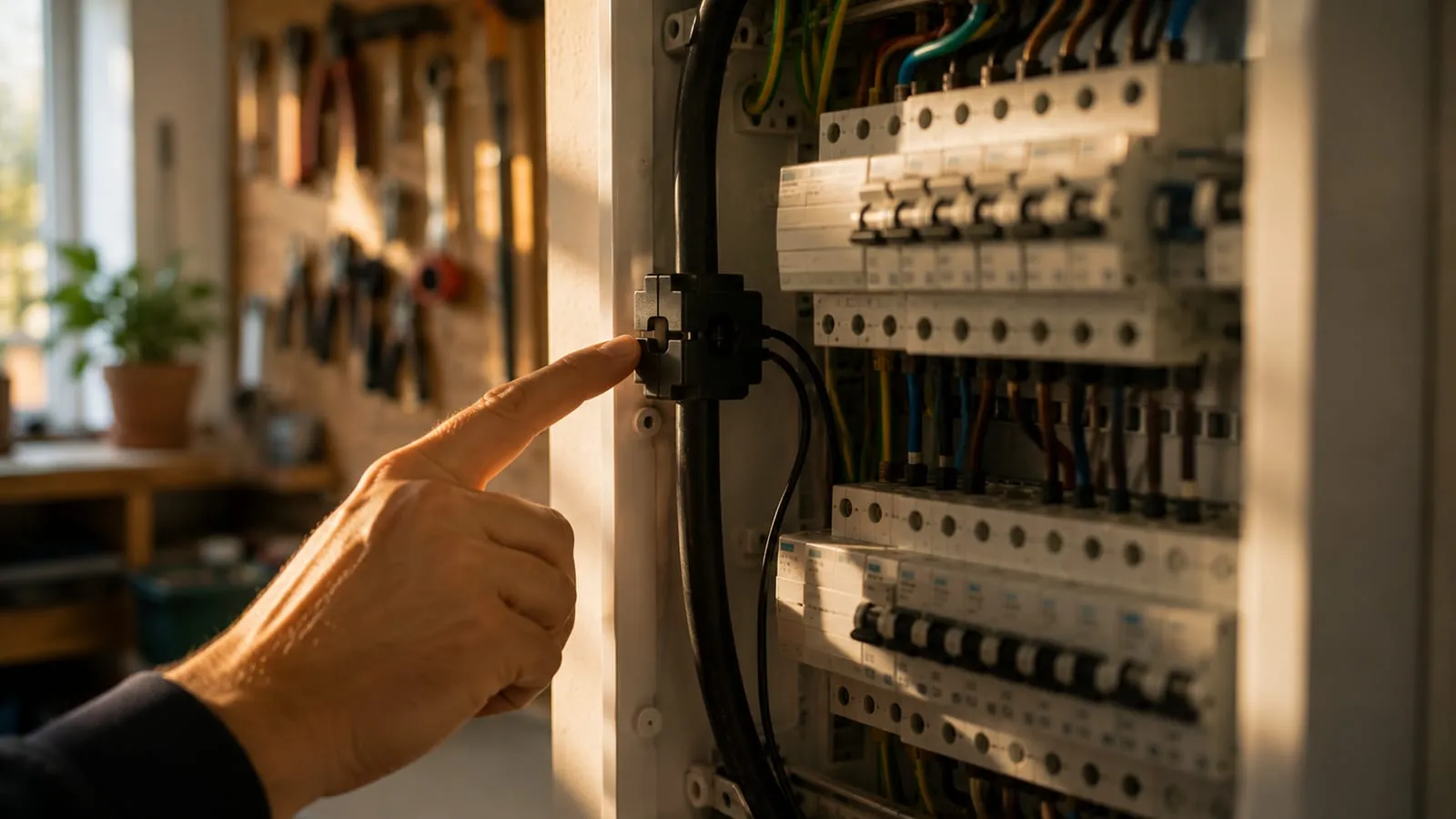 Hand pointing at a current clamp fastened around the thick main cable inside an open service panel