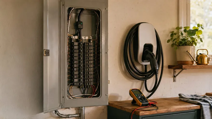 Open panel with a current clamp around the main service cable and a charger on the garage wall