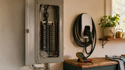 Open panel with a current clamp around the main service cable and a charger on the garage wall