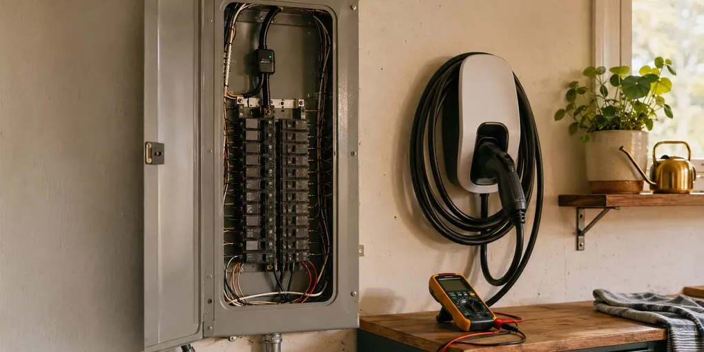 Open panel with a current clamp around the main service cable and a charger on the garage wall