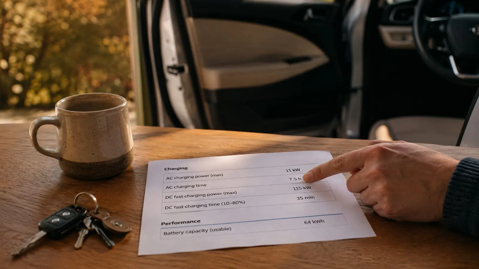 Hand pointing at the maximum AC charging power figure on an electric car’s spec sheet