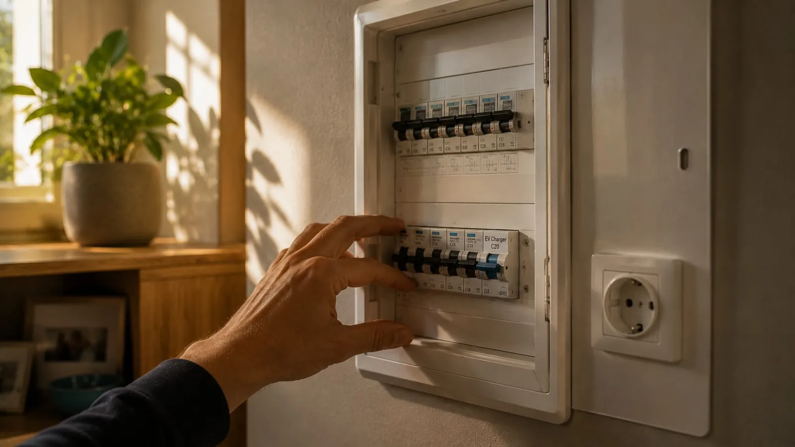 Home service panel with the dedicated charger breaker labelled among the other circuits