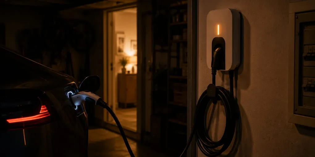 Home charger topping up an electric car overnight with its amber status light glowing in a garage