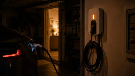 Home charger topping up an electric car overnight with its amber status light glowing in a garage