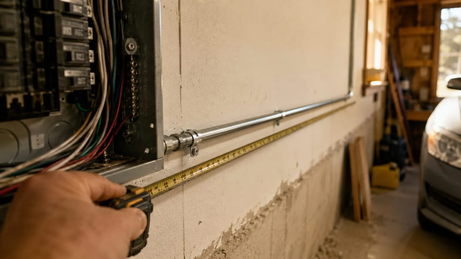 Hand stretching a tape measure along a garage wall from the panel toward the parking spot