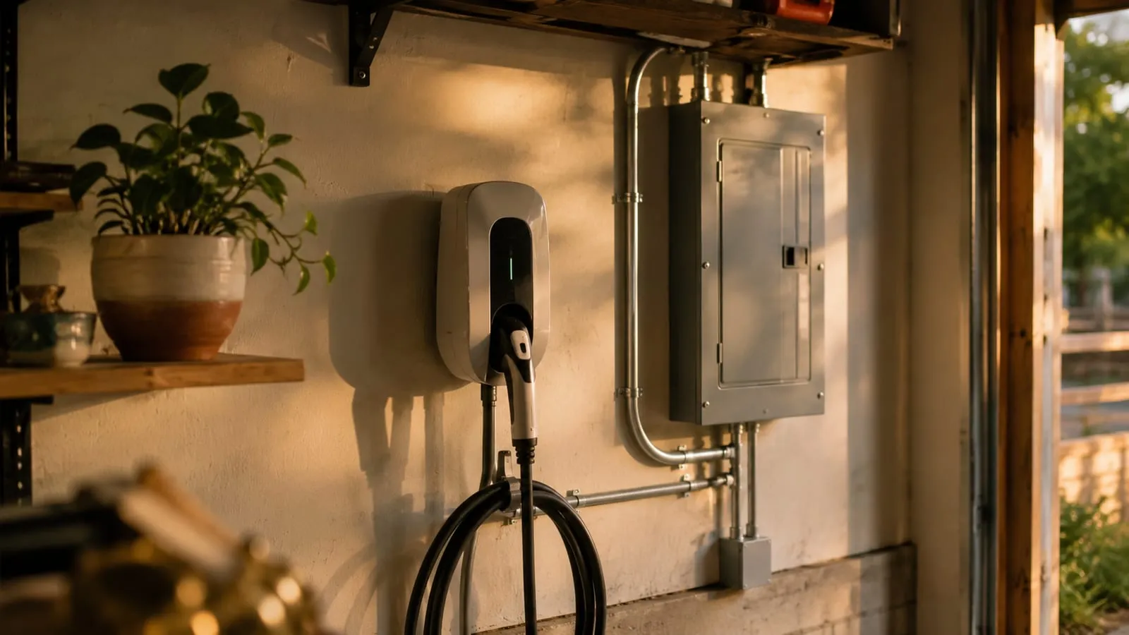 Wall-mounted home charger beside a modern panel with tidy conduit in a lived-in garage