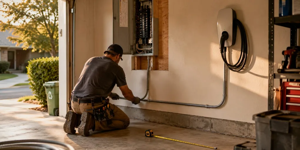 Electrician running conduit from an open panel to a wall-mounted home charger in a garage