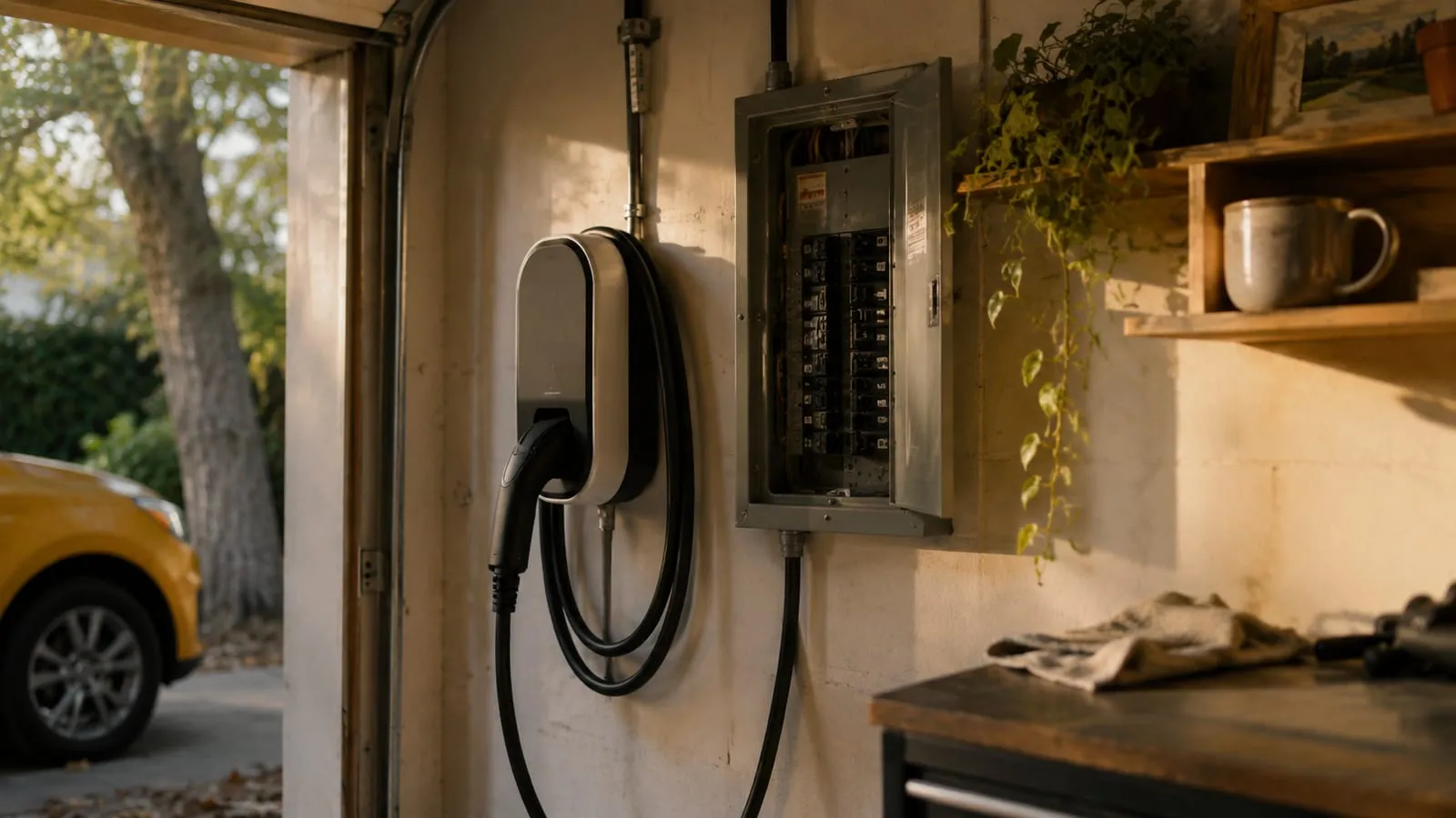 A charger mounted on a garage wall beside an open panel with the cable neatly routed