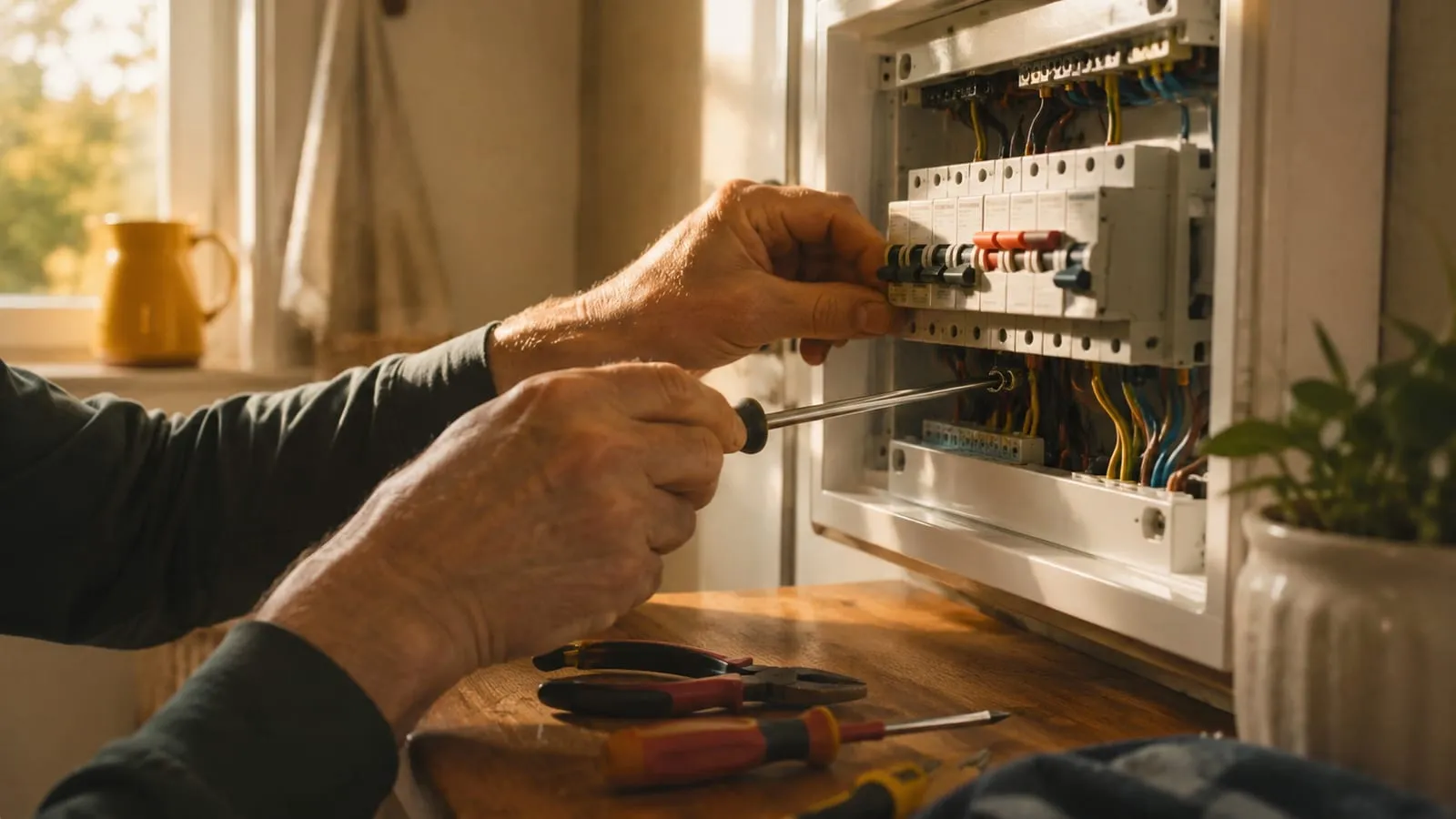 Electrician’s hands tightening a breaker inside a home consumer unit with tools resting nearby