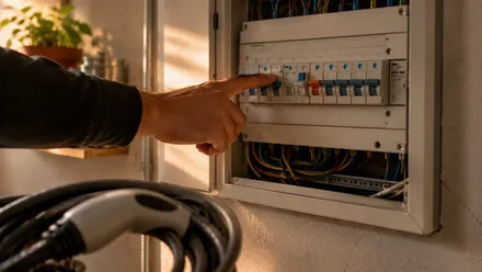 Electrician pointing at a ground-fault breaker inside a residential panel beside a charging cable