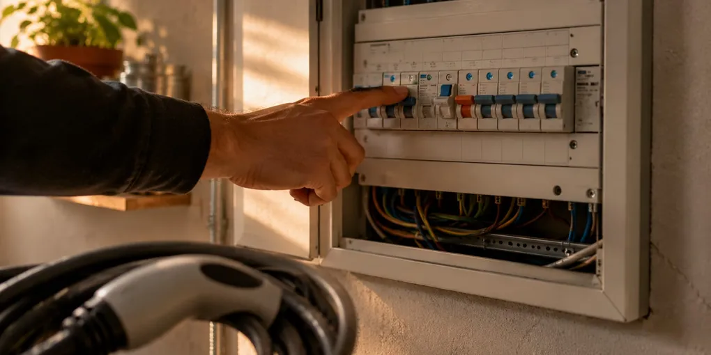 Electrician pointing at a ground-fault breaker inside a residential panel beside a charging cable