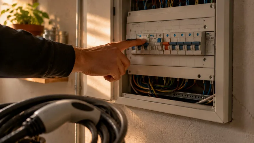 Electrician pointing at a ground-fault breaker inside a residential panel beside a charging cable