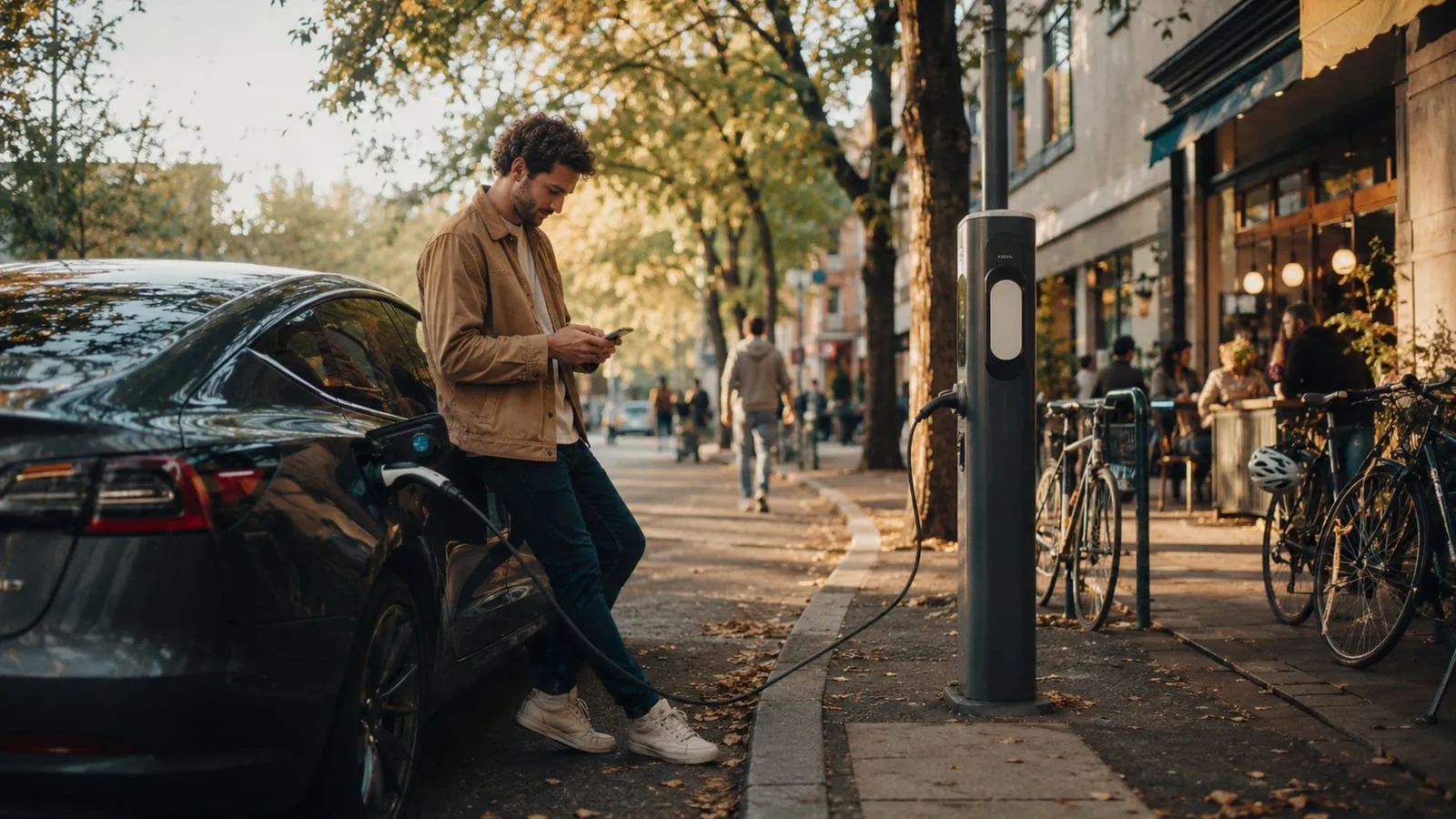 Driver tapping an app to start a session at a neighborhood public Level 2 post on a city street