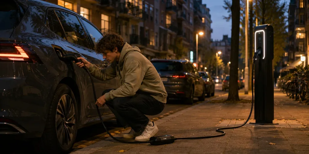 Young man plugging a portable cable into a car on a residential street at dusk by apartment blocks