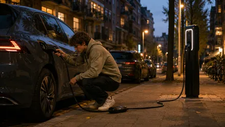 Young man plugging a portable cable into a car on a residential street at dusk by apartment blocks