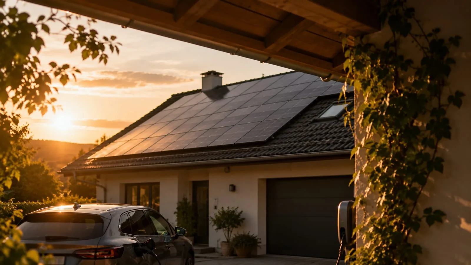 Rooftop solar panels at golden hour seen from below with an electric car in the driveway