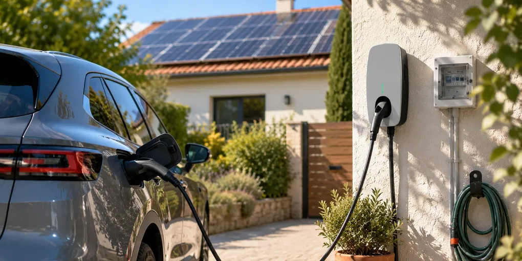 Electric car charging in a driveway under midday sun with rooftop solar panels overhead