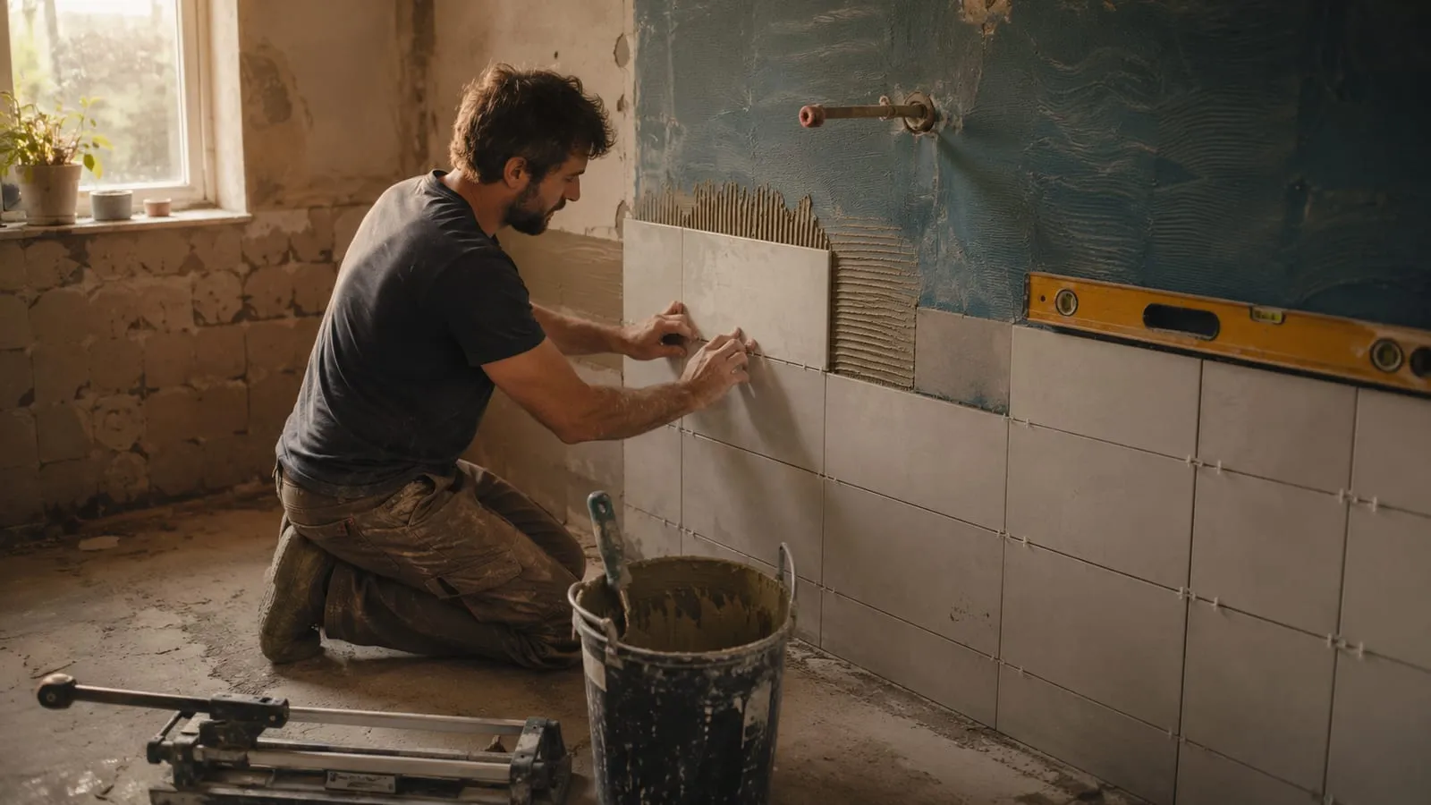 Bathroom mid-renovation: tiling over a waterproofing membrane