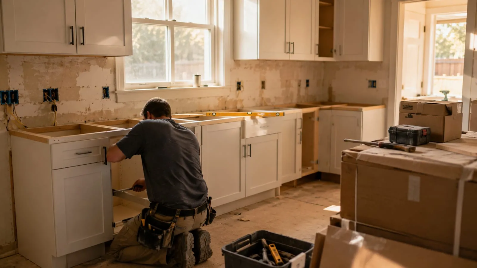 Kitchen mid-renovation: installing the base cabinets