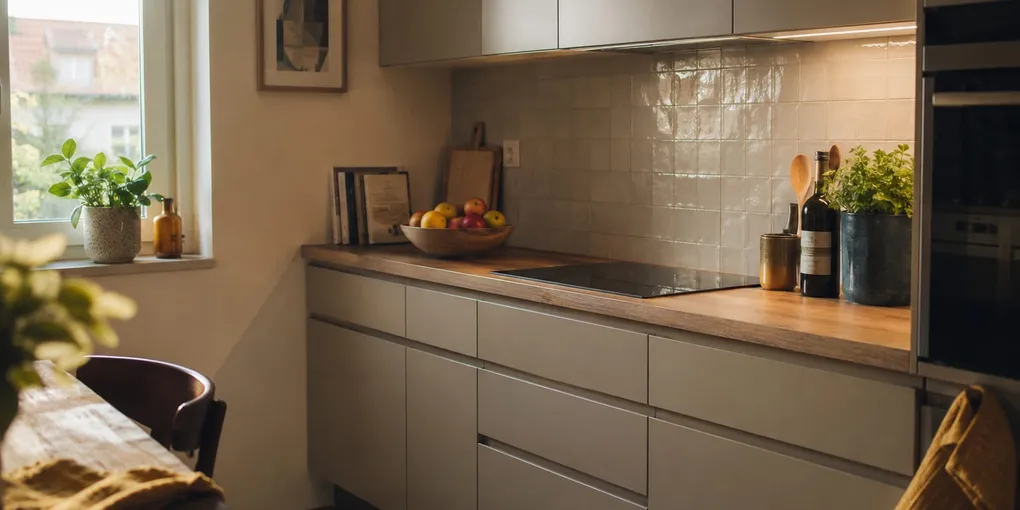 Cocina reformada moderna con muebles sin tiradores y encimera nueva