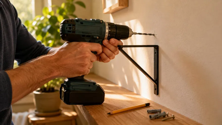Person drilling into a wall to hang a shelf