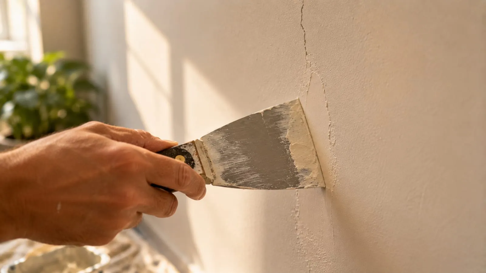 Applying filler into the crack with a putty knife