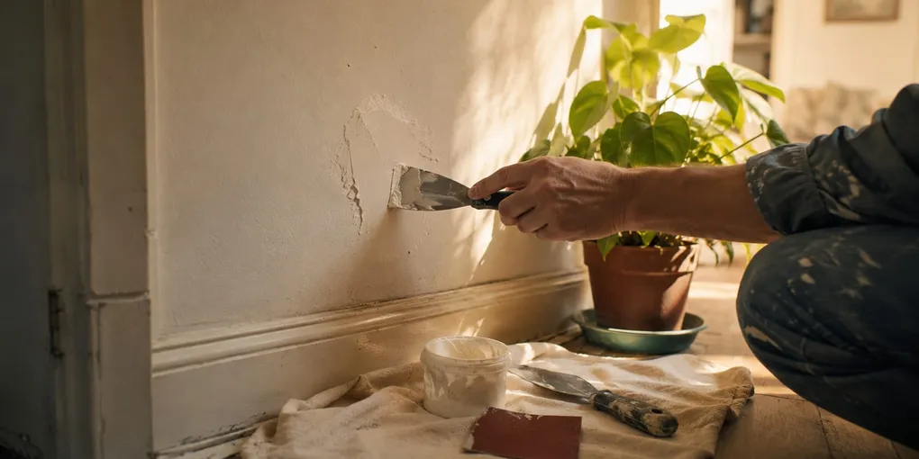 Person filling a hole in the wall with spackle and a putty knife